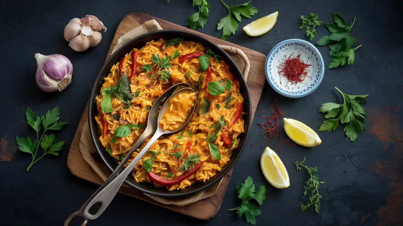 Vegan spanish rice skillet with saffr mcmj oq0qumzg i53iglua