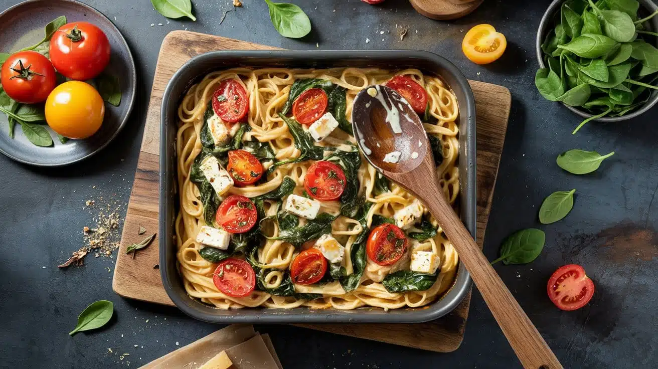 Baked feta pasta with spinach a warm sqq