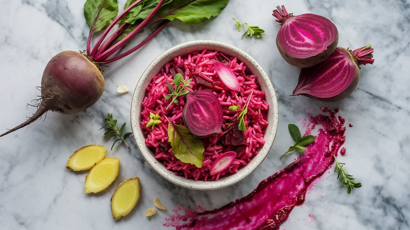 Ginger beet rice with sweet earthy co