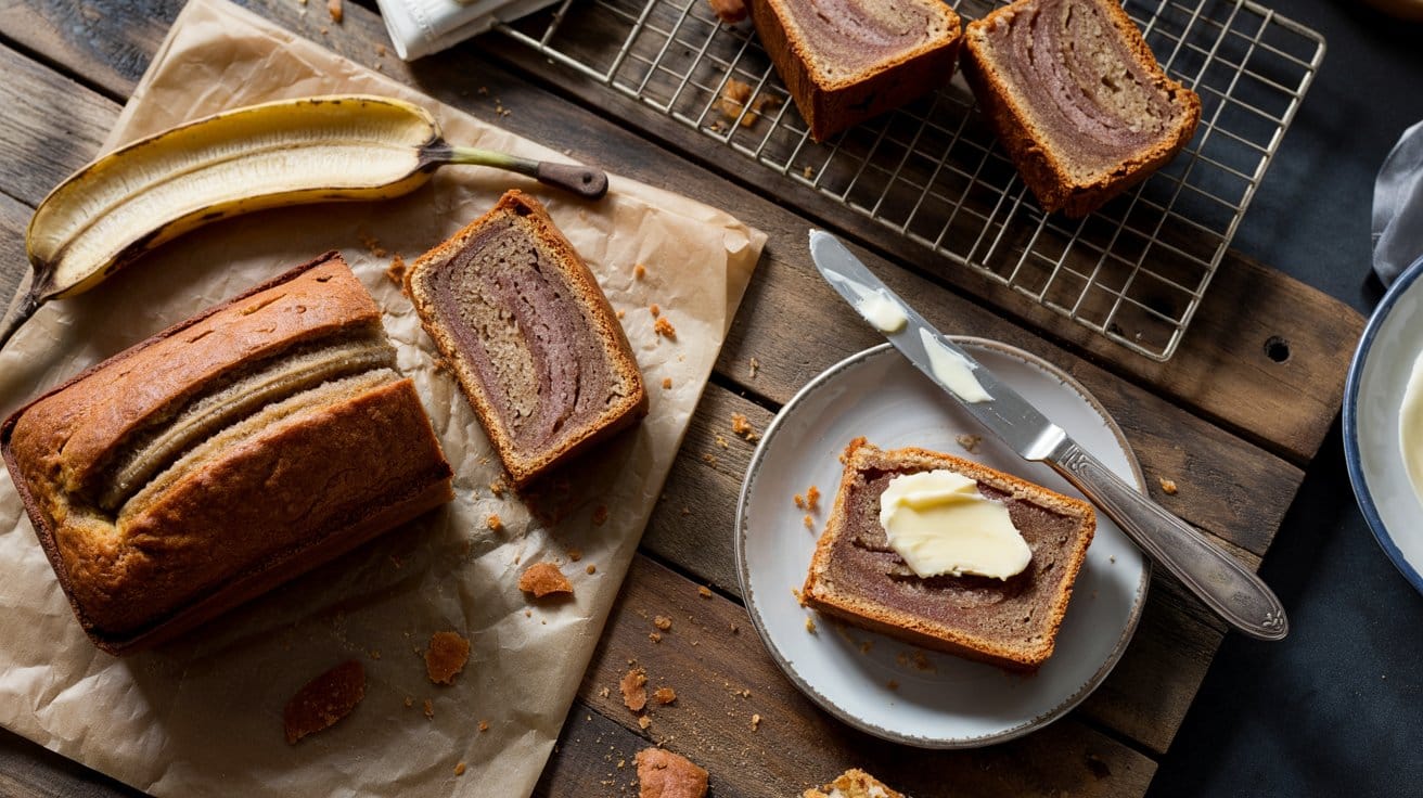 Keto banana bread a rustic overhead s 93vrew