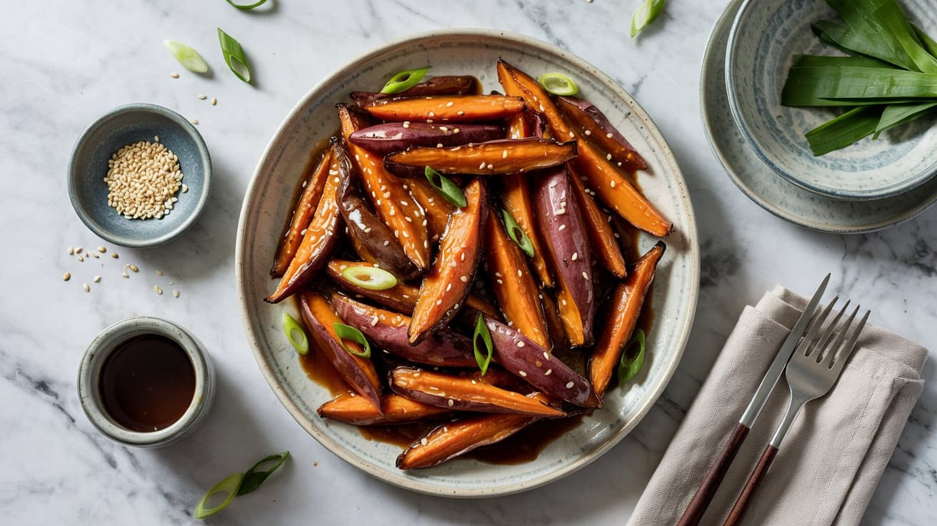 Miso glazed korean sweet potatoes uma