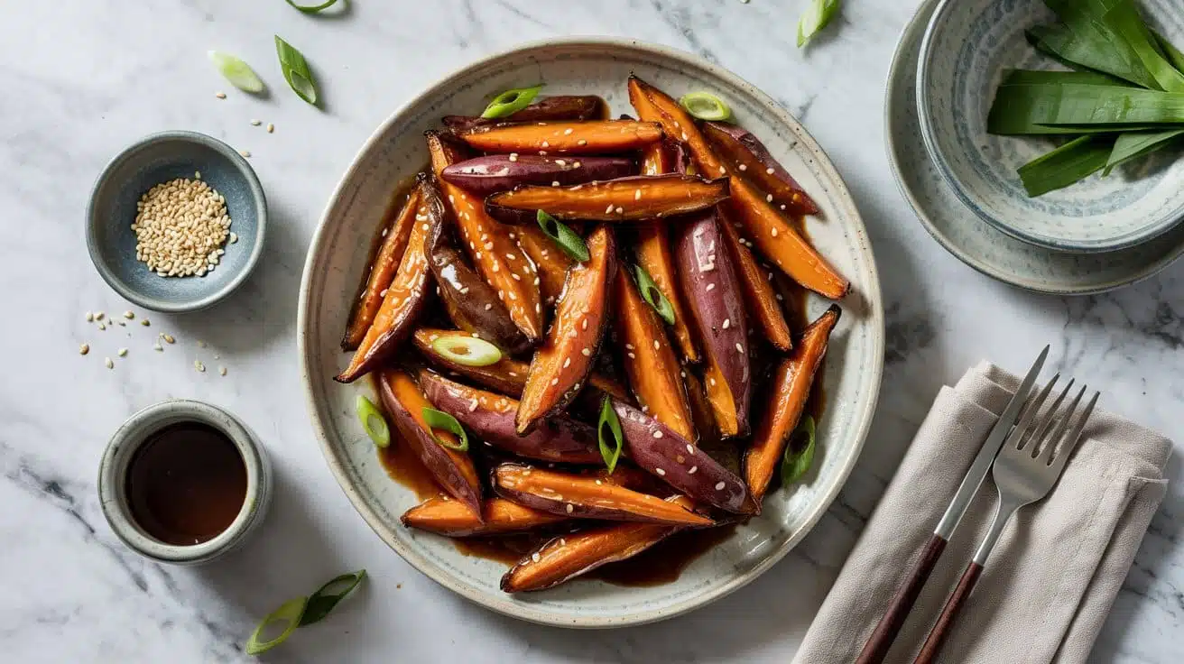 Miso glazed korean sweet potatoes uma