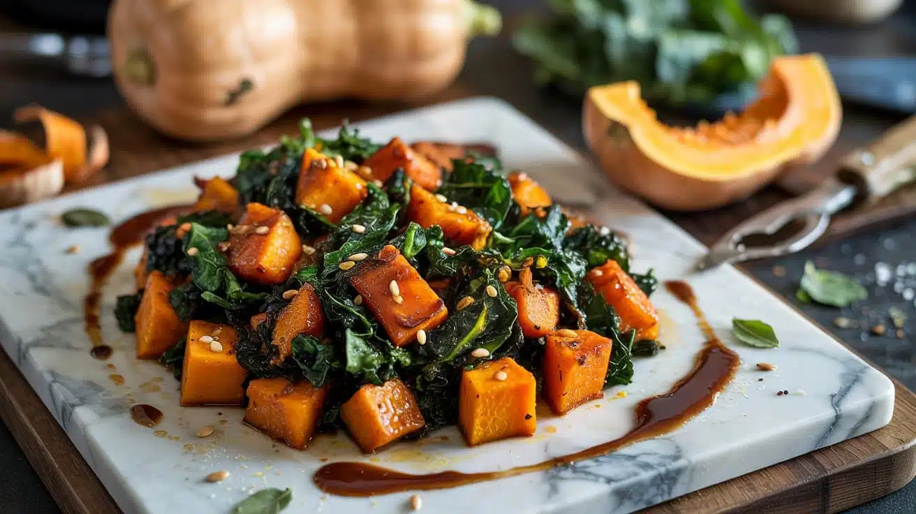 Butternut squash and kale stir fry in soabo1w hmmqy