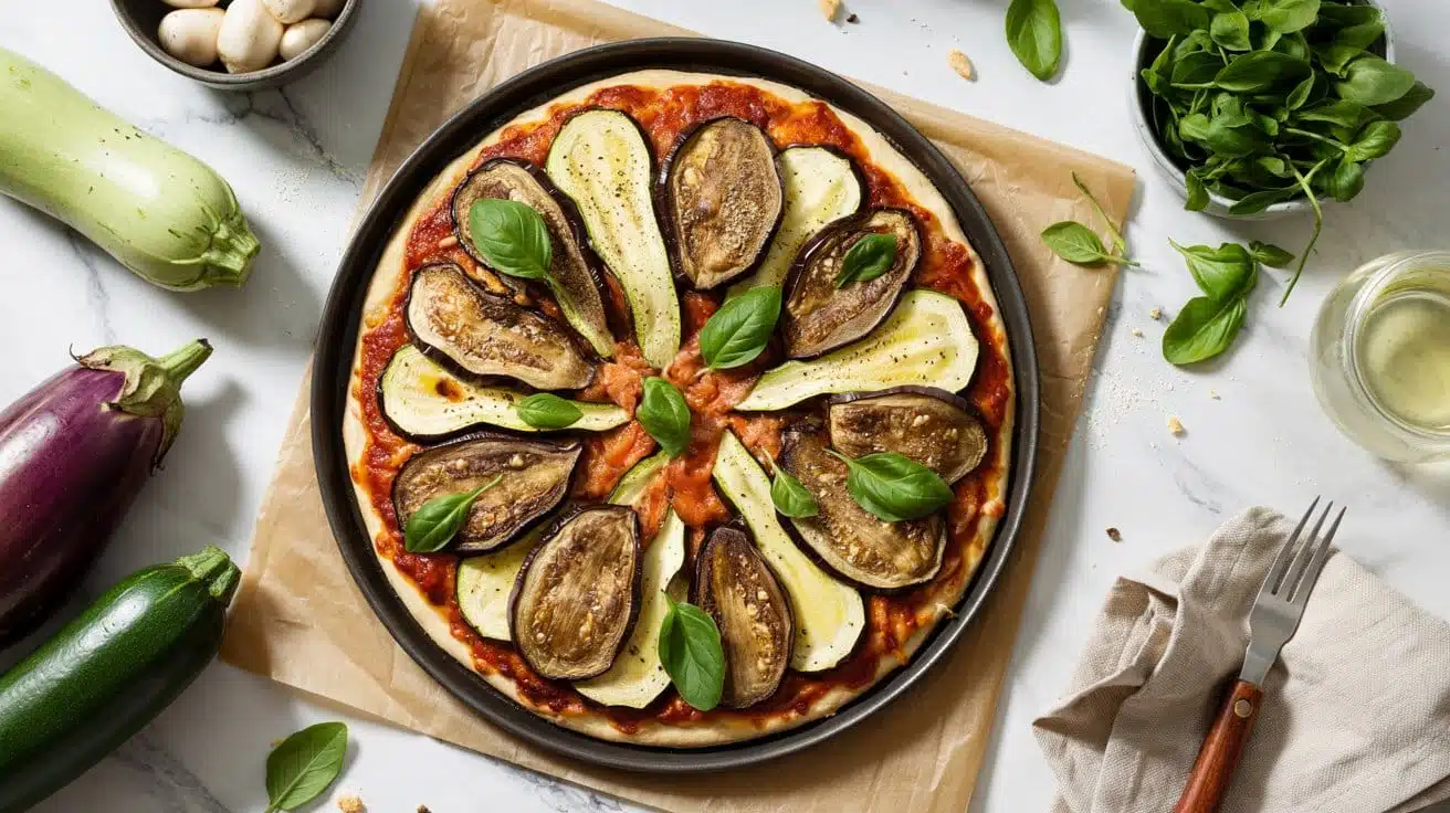 Eggplant and zucchini pizza with hear
