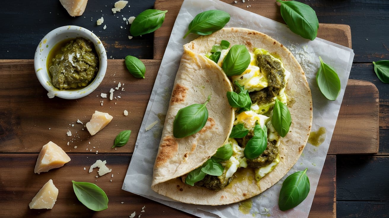 Pesto and egg breakfast wrap a rustic