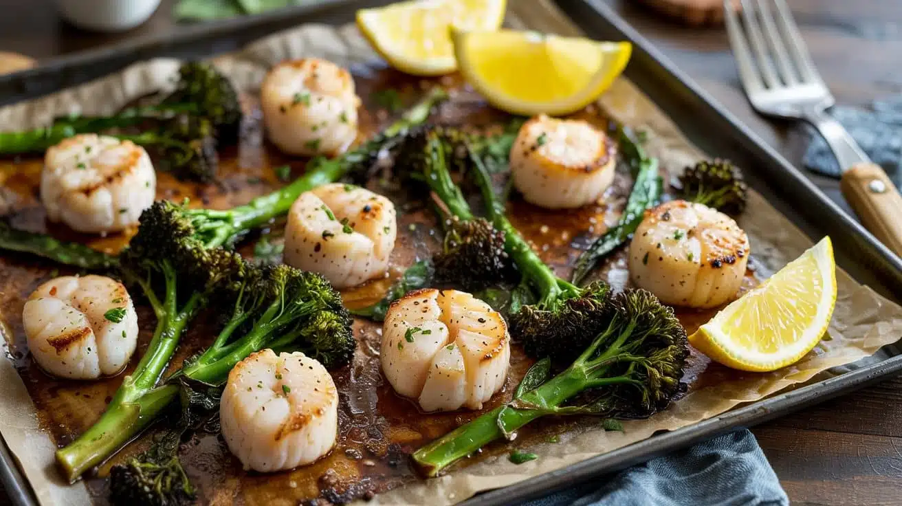 Sheet pan garlic butter scallops broc