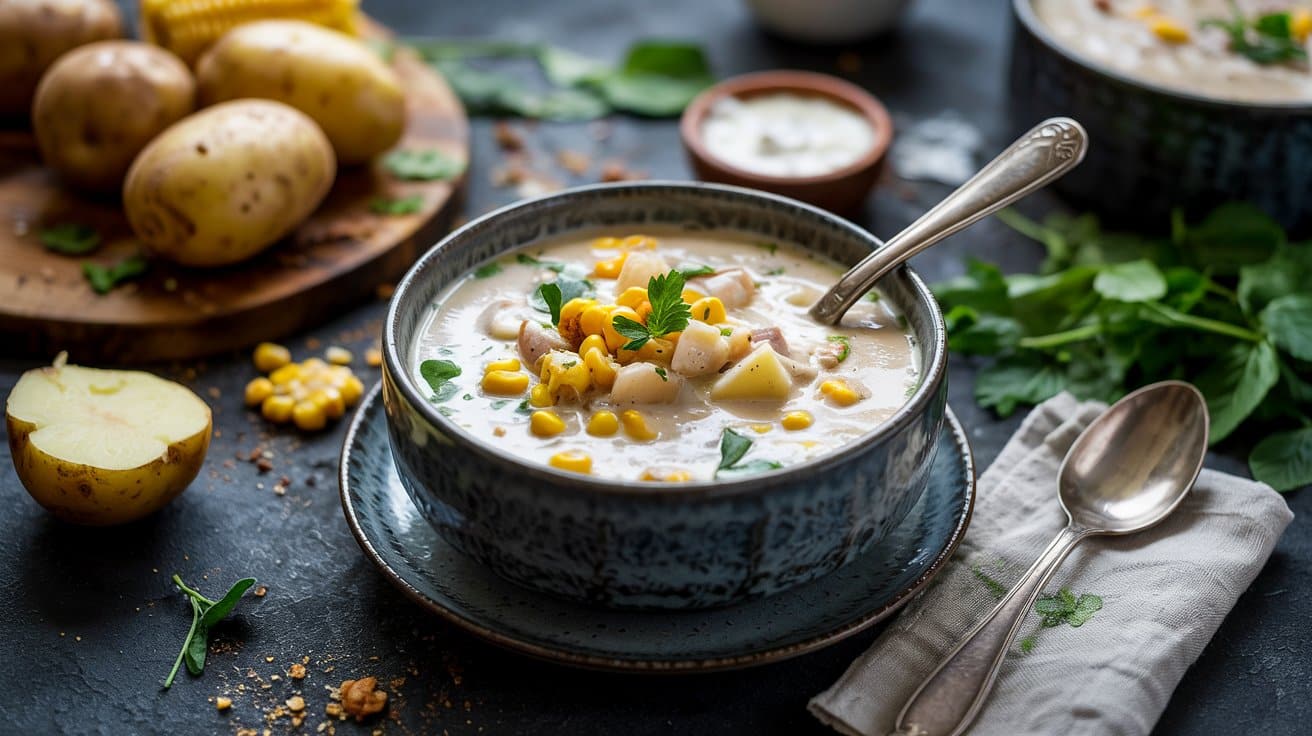 Vegan potato chowder with corn and