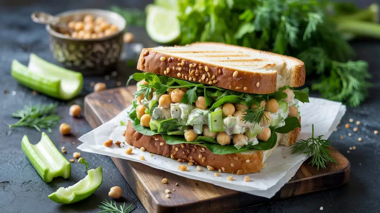 Chickpea salad sandwich with celery a