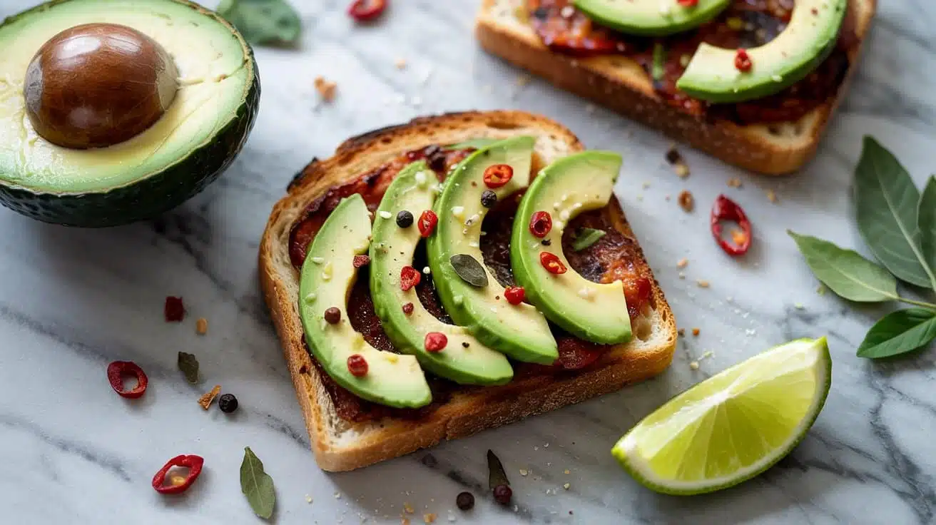 Chili avocado toasts with spicy flavo w