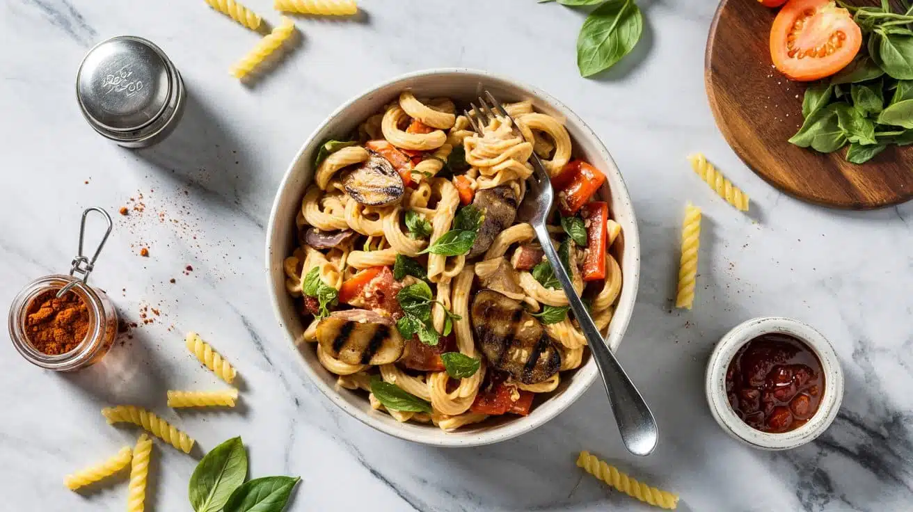 Smoky vegan pasta salad with grilled biw