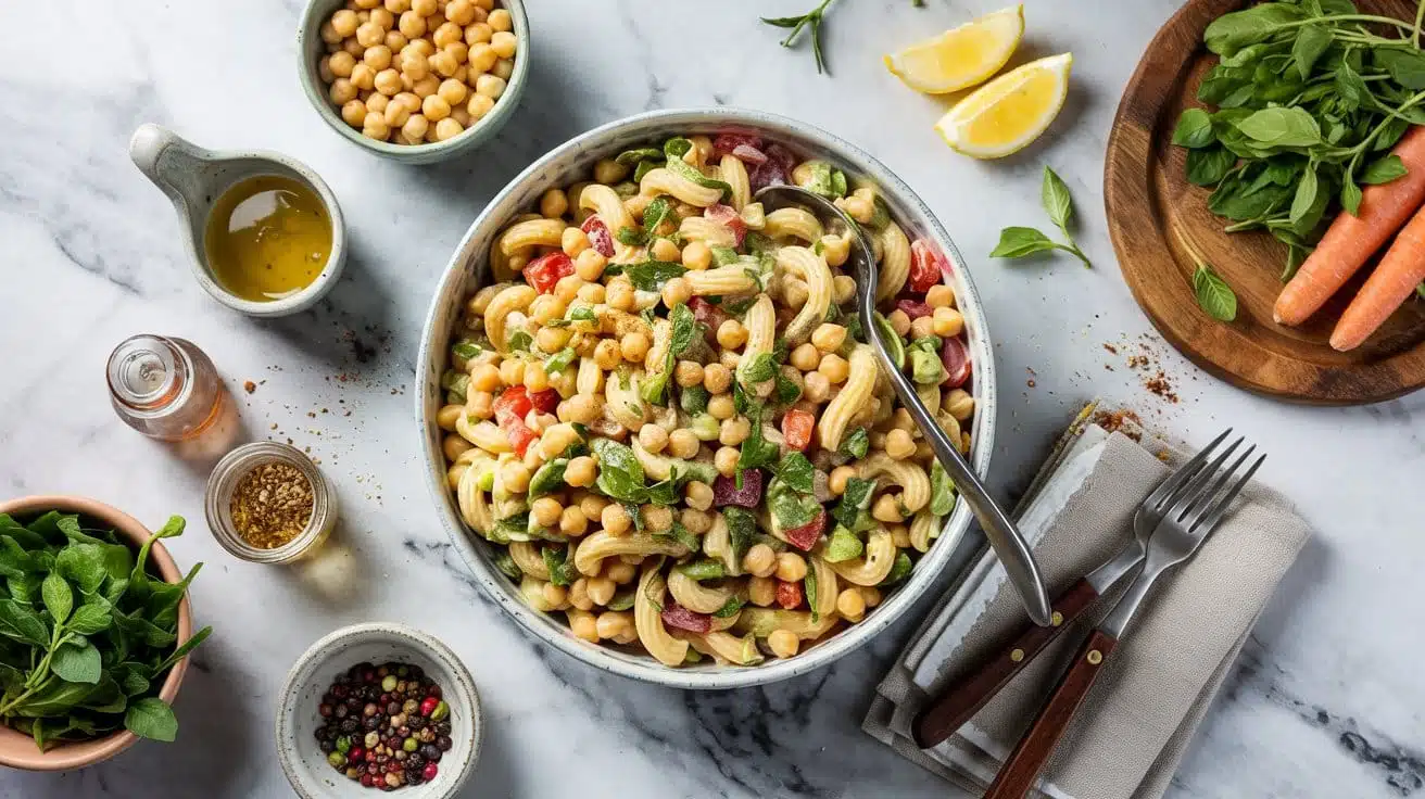 Wholesome chickpea pasta salad ideal