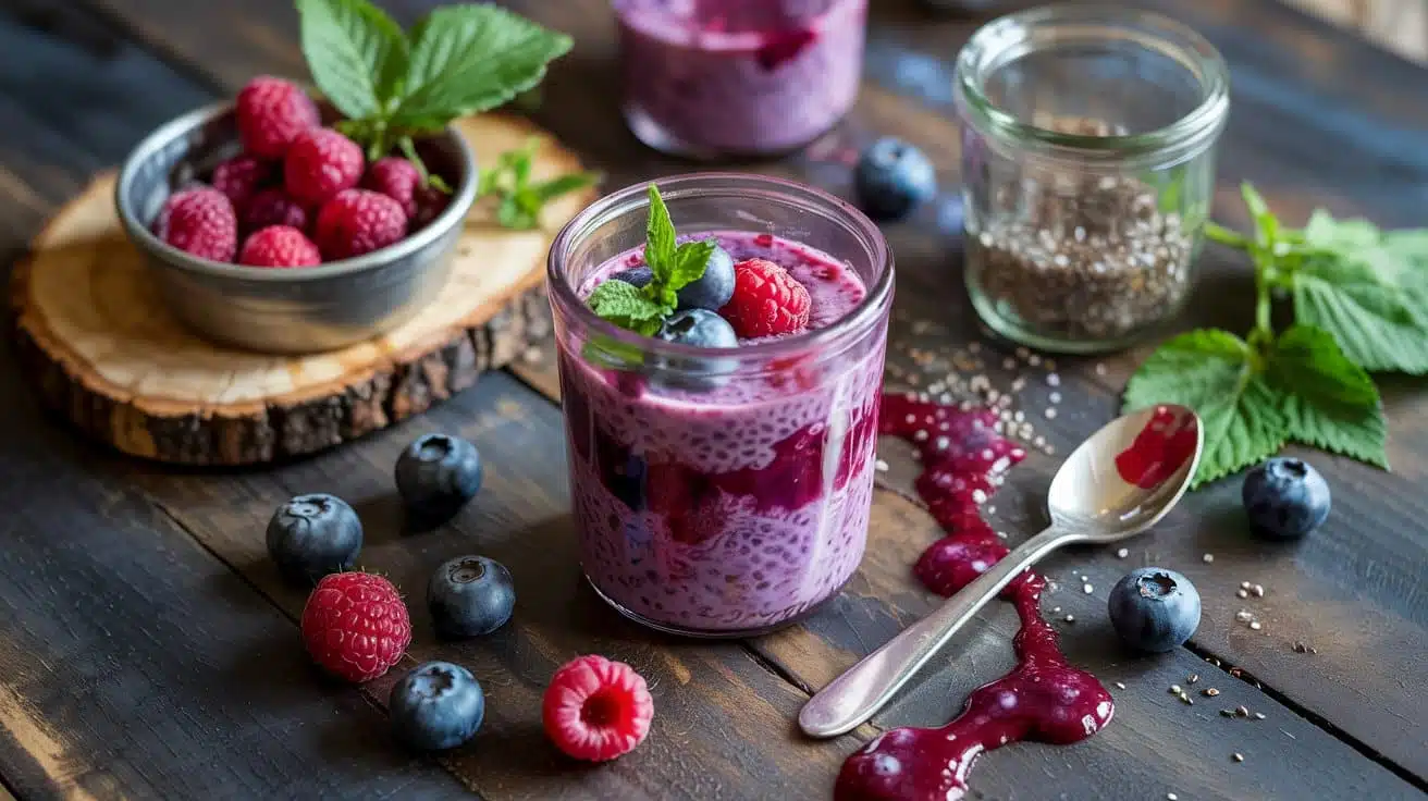 Berry chia pudding a cozy overhead sce
