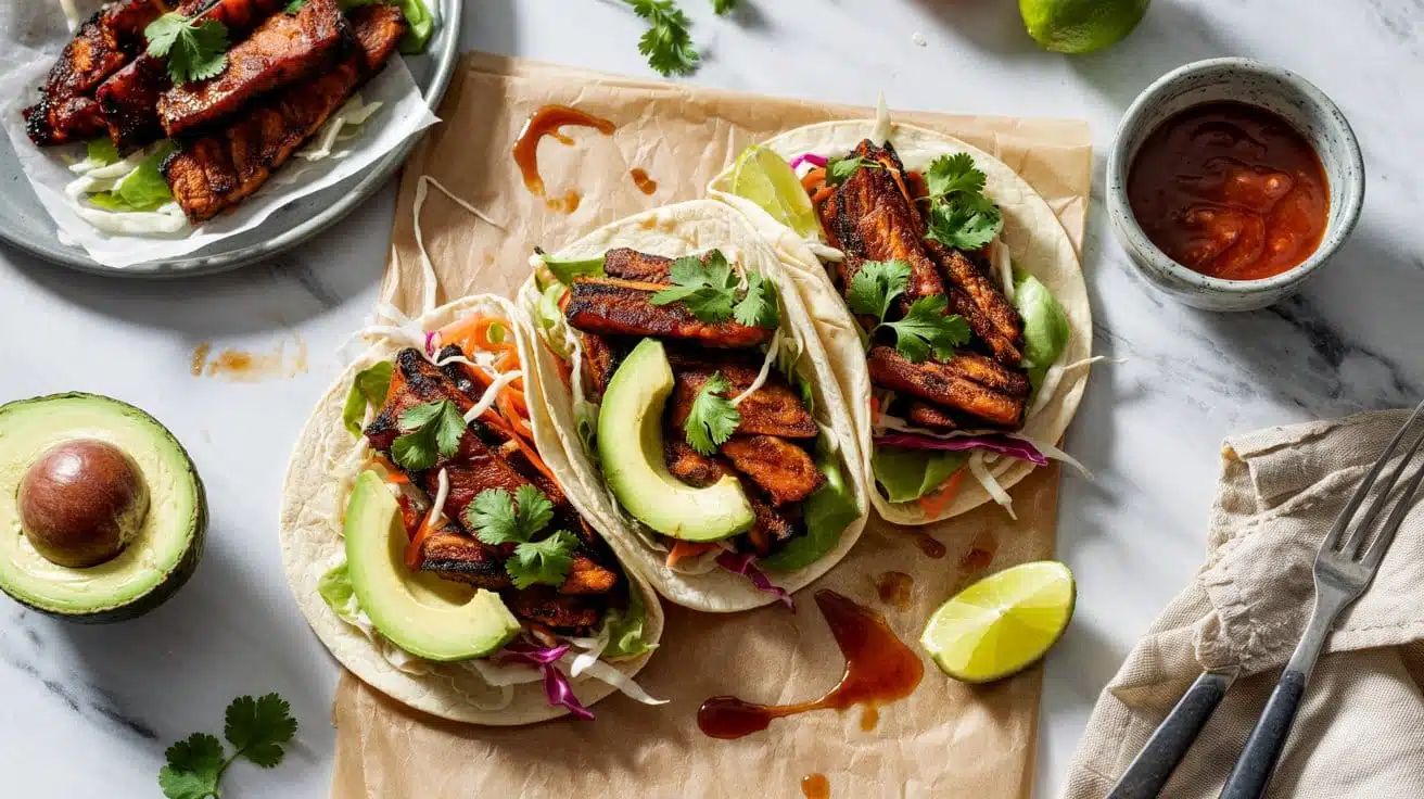 Charred bbq tempeh tacos with delightf