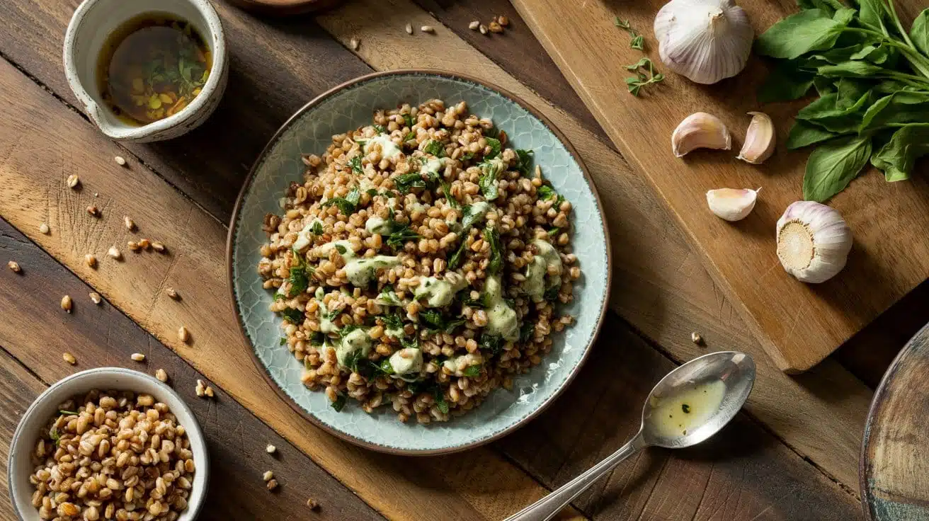 Herbed farro with garlic dressing a wa
