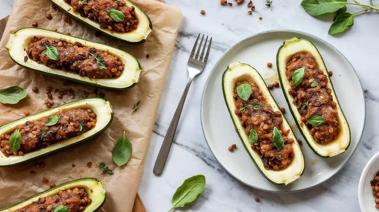 Stuffed zucchini boats filled with spi gx
