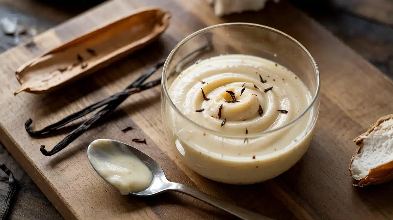 Vanilla bean pudding a warm overhead s