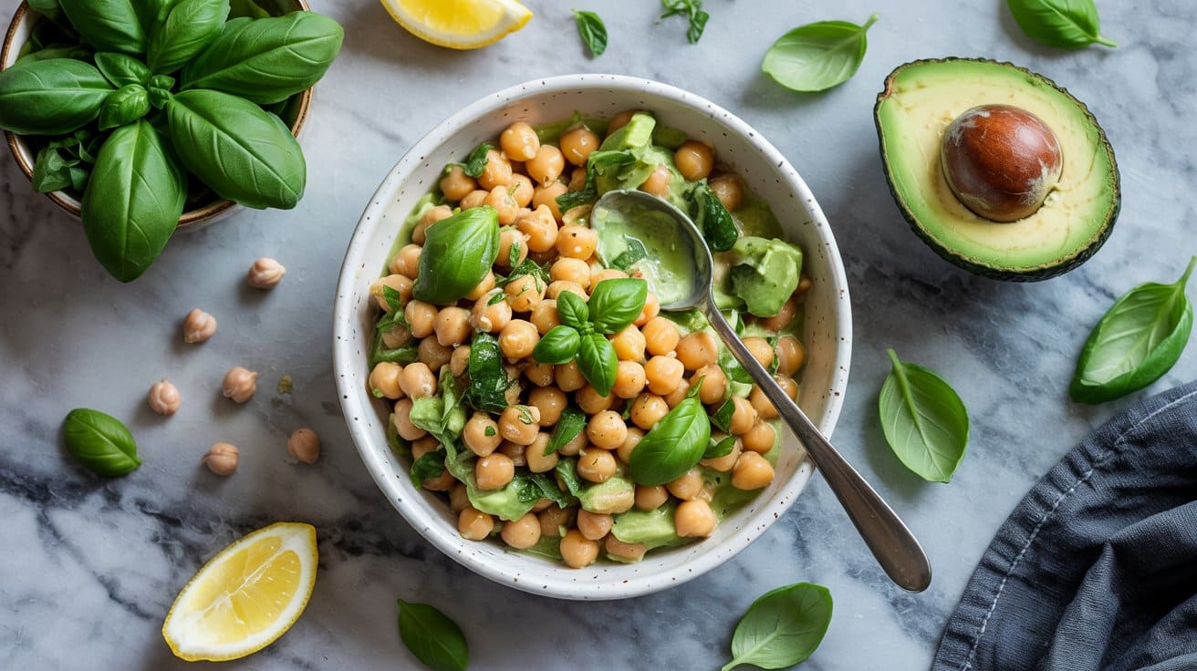 Avocado basil marinated chickpeas for