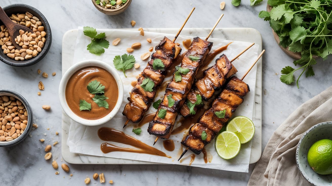 Bbq tempeh skewers served with peanut