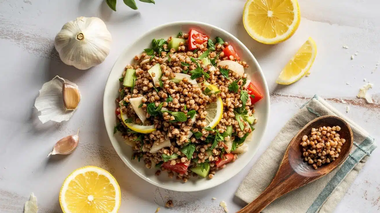 Buckwheat salad with lemon garlic dre fn0w