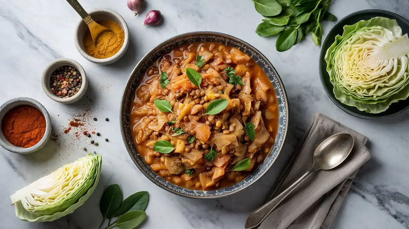 Cabbage and lentil stew unique and wa