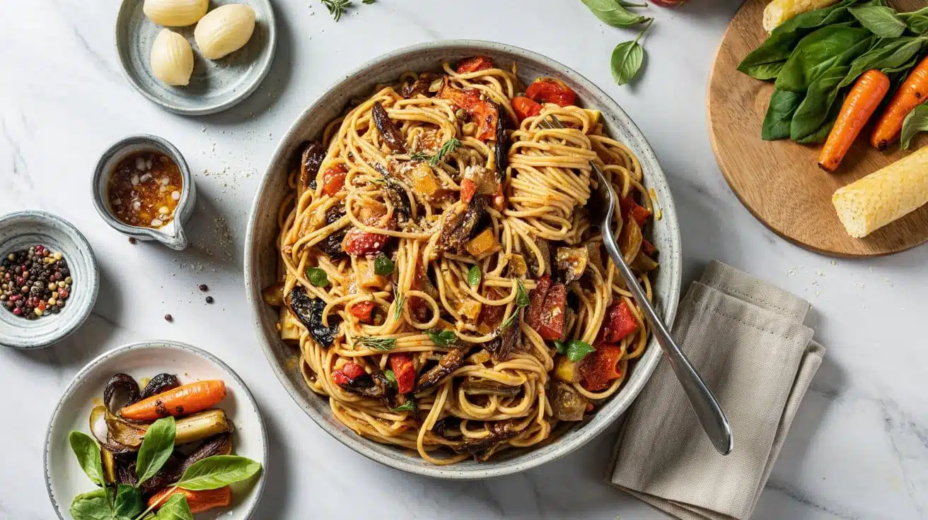 Roasted vegetable pasta tossed with