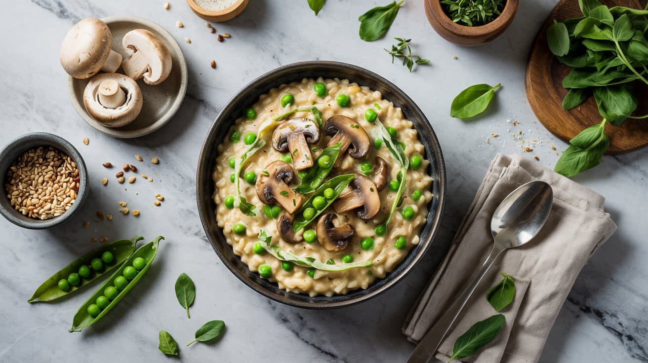 Vegan mushroom and pea risotto with f