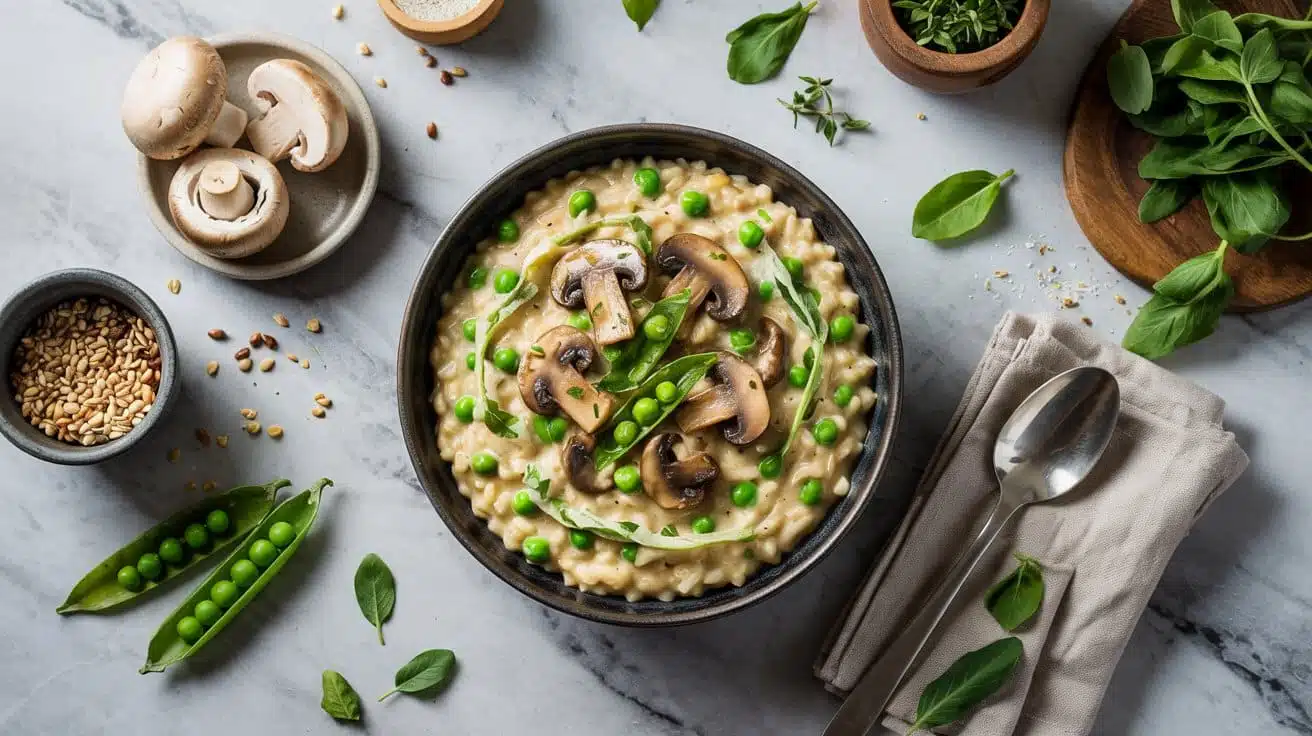 Vegan mushroom and pea risotto with f