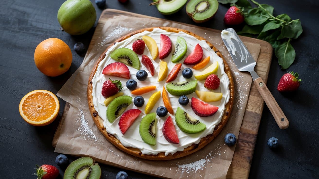 Fruit pizza with cream cheese a color buqyq