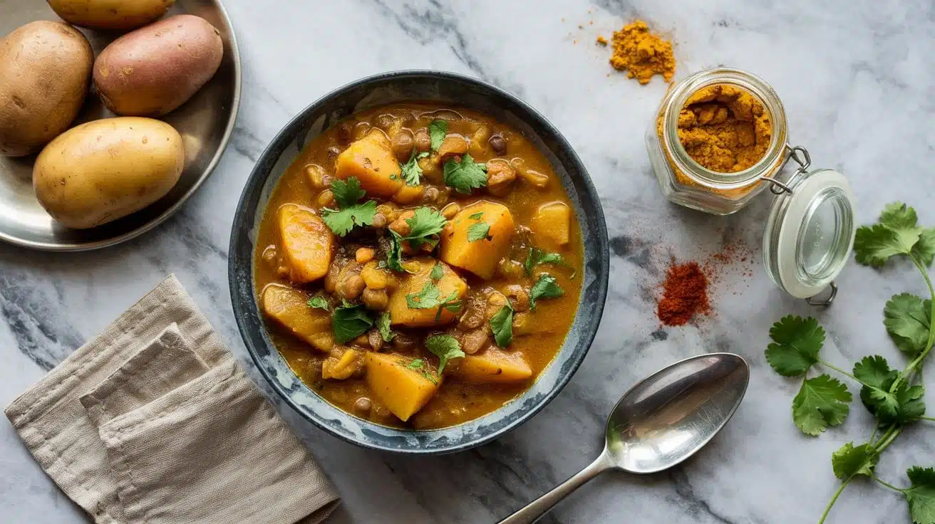 Curried potato and lentil stew with wa