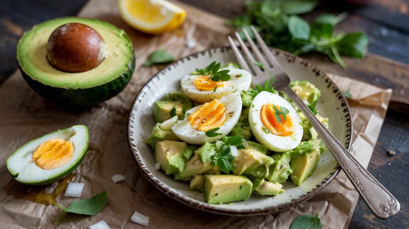 Avocado and egg salad a rustic overhea