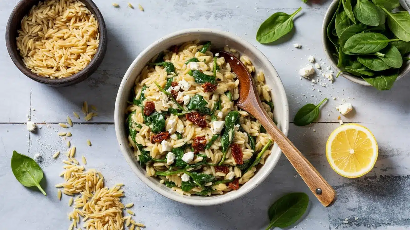 Orzo pasta salad with spinach and feta iw