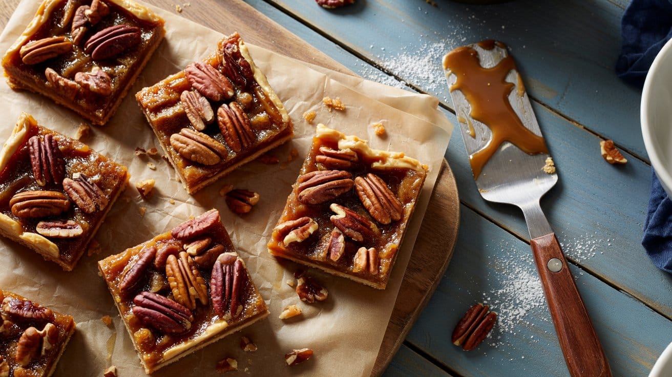 Pecan pie bars a cozy overhead view