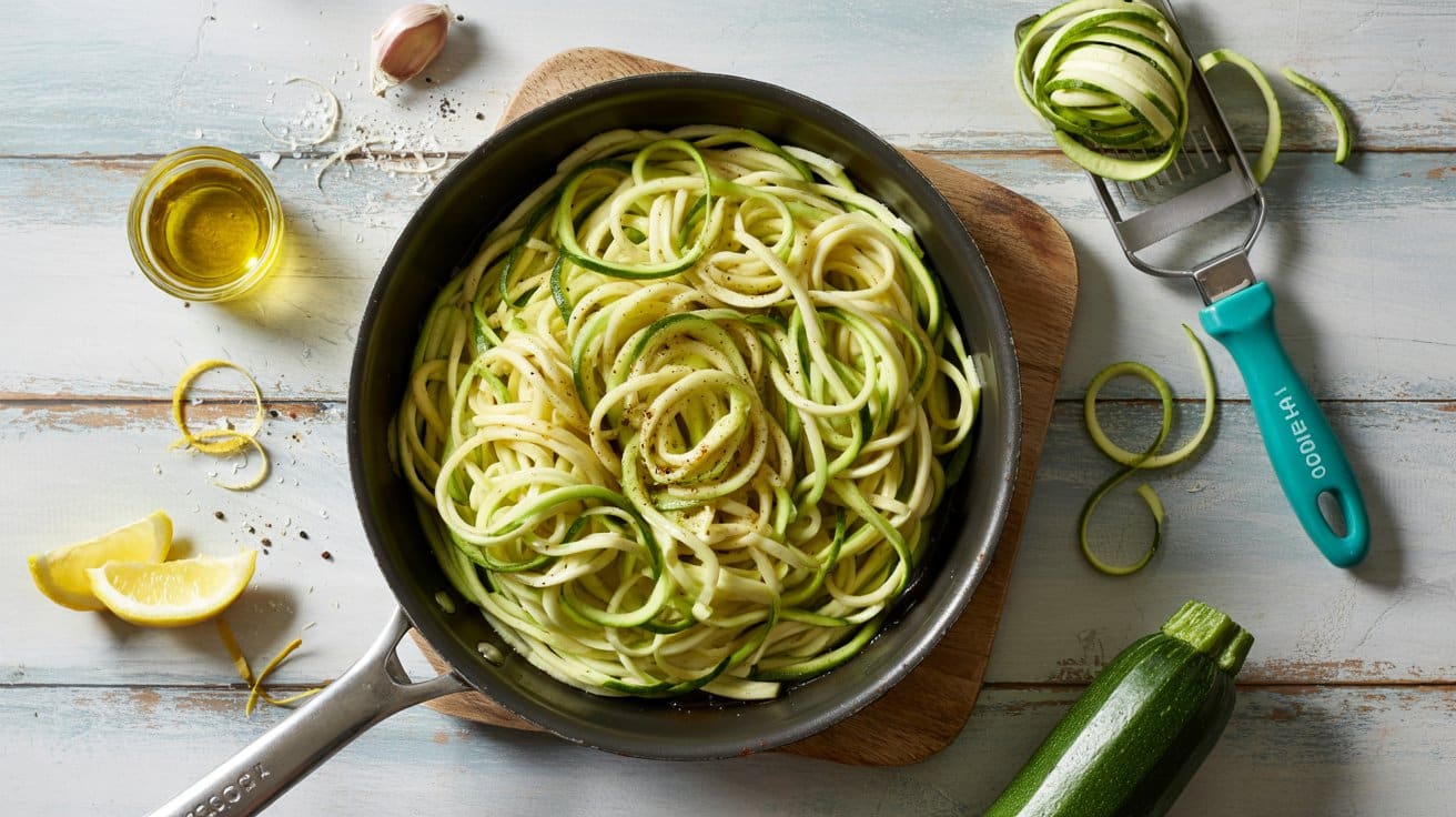 Sauteed zucchini noodles a bright over