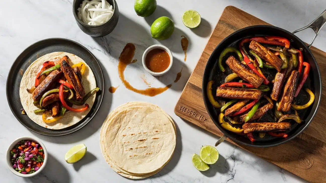 Savory seitan fajitas with peppers and yemmw3 gw