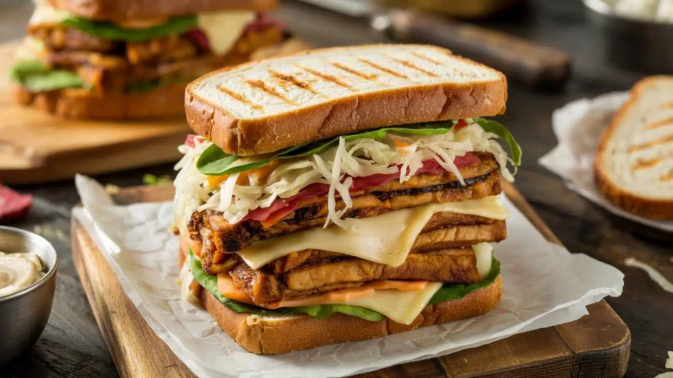 Tempeh reuben with vegan cheese and sa
