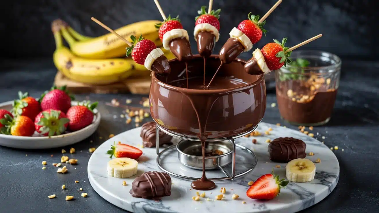 Vegan chocolate fondue a shiny fondue