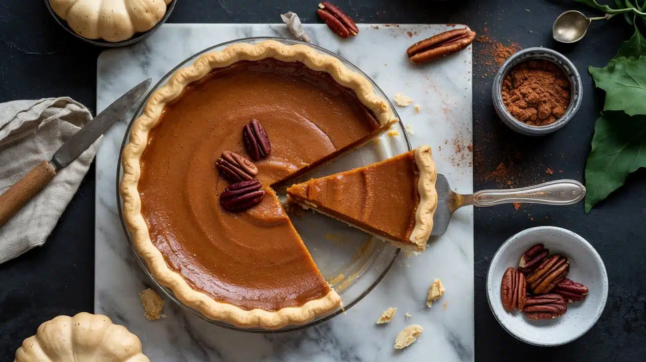 Vegan pumpkin pie a rustic overhead sh f5fol