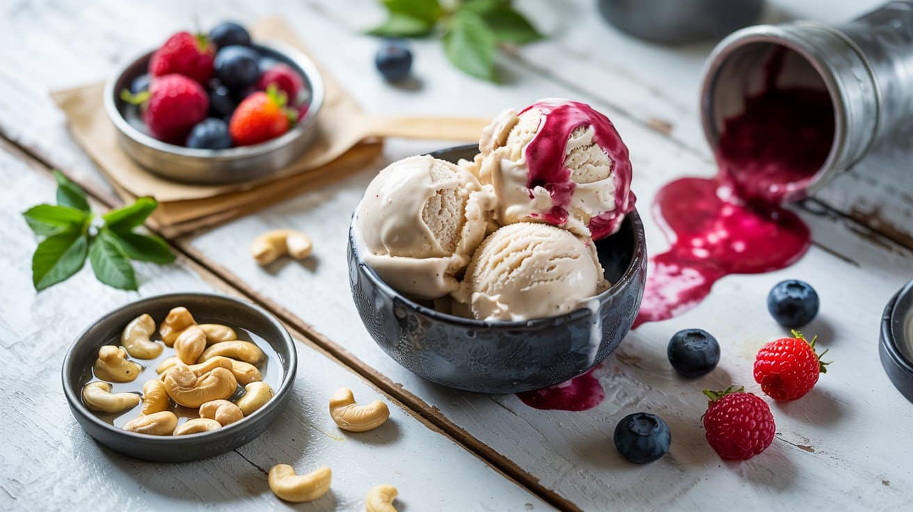 Cashew ice cream with berries a bright