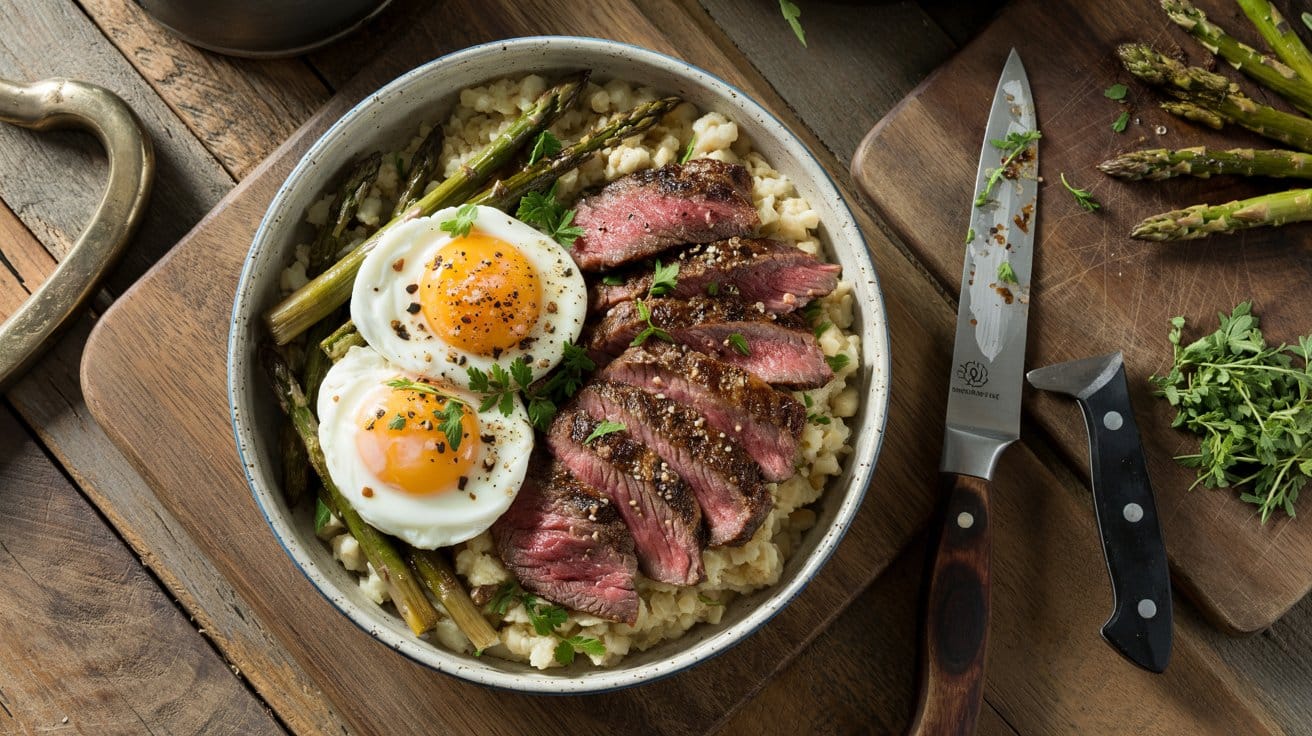 Grilled steak asparagus breakfast bowl wxlql