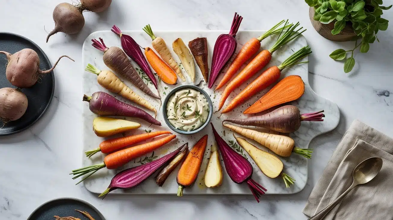 Root vegetable and dip board create a