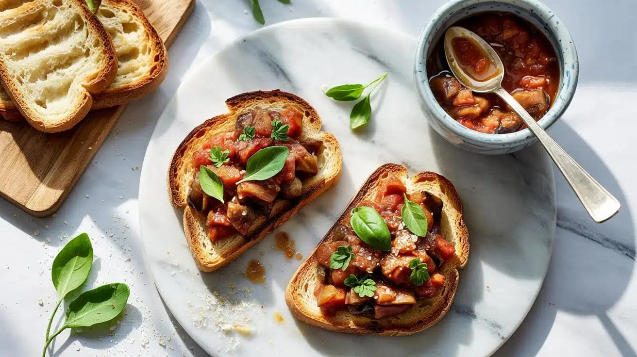 Eggplant caponata served on crisp toas