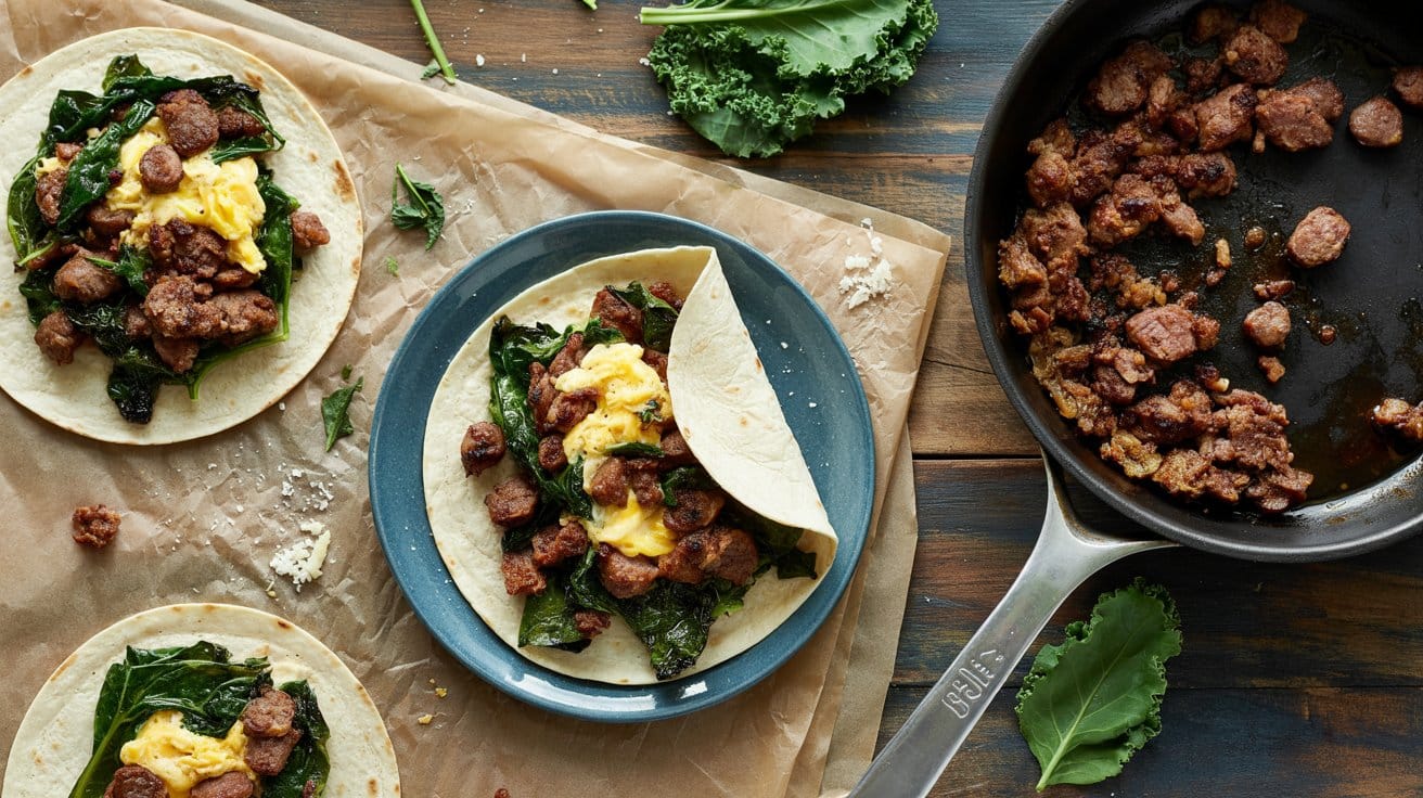 Sausage and kale breakfast wraps a rus ew