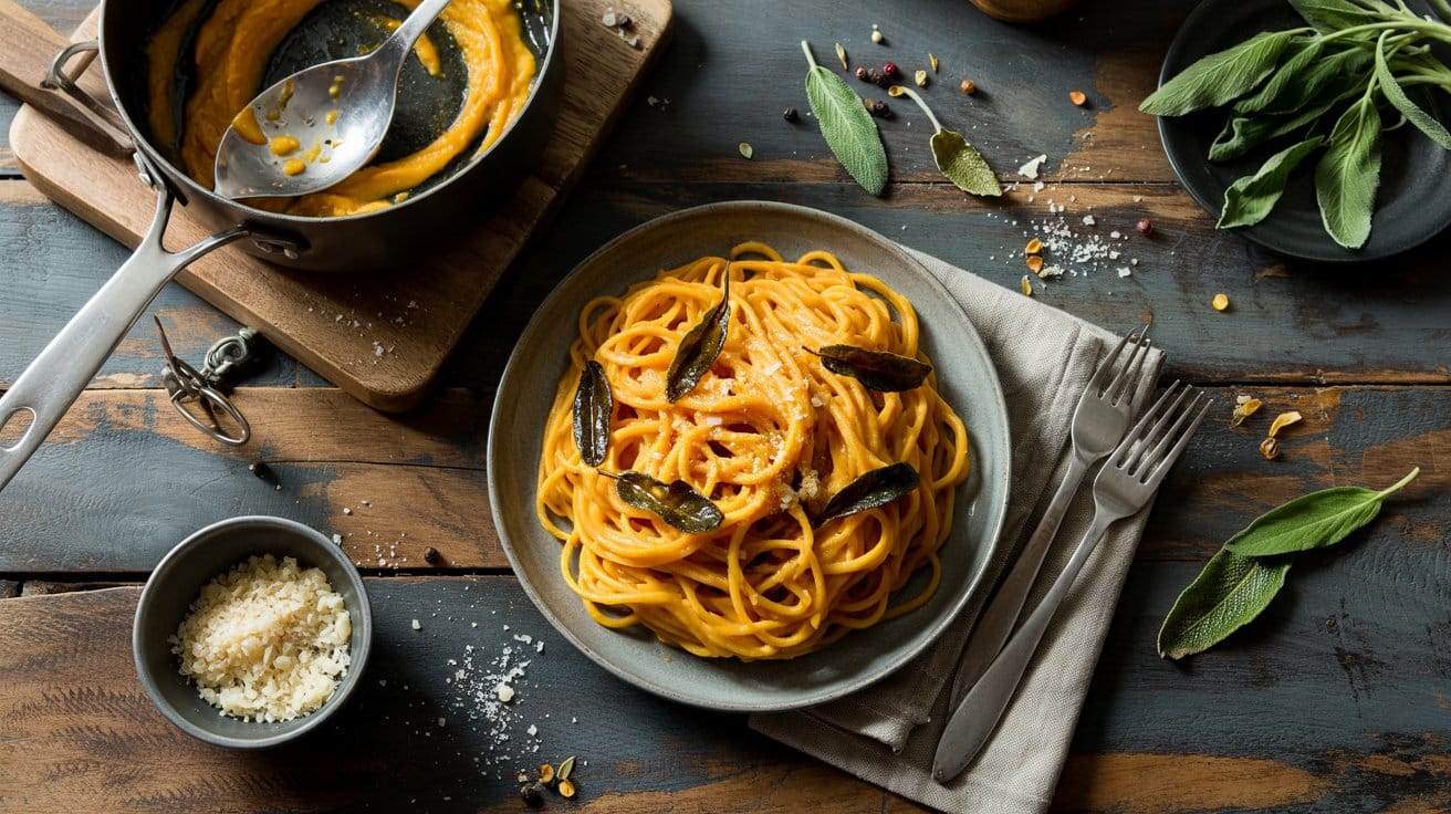 Savory pumpkin pasta with sage a cream