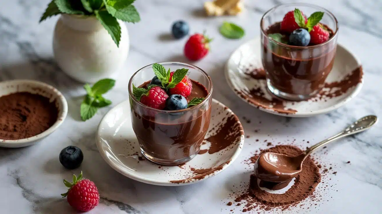 Vegan chocolate mousse garnished with mh