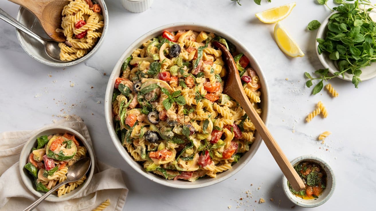 Vegan pasta salad a bright overhead ph oktv9qw