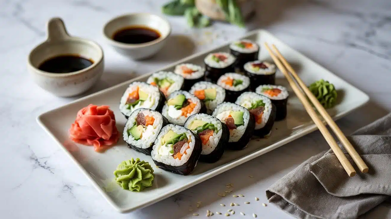 Vegan sushi rolls platter on a pristin 7lhq