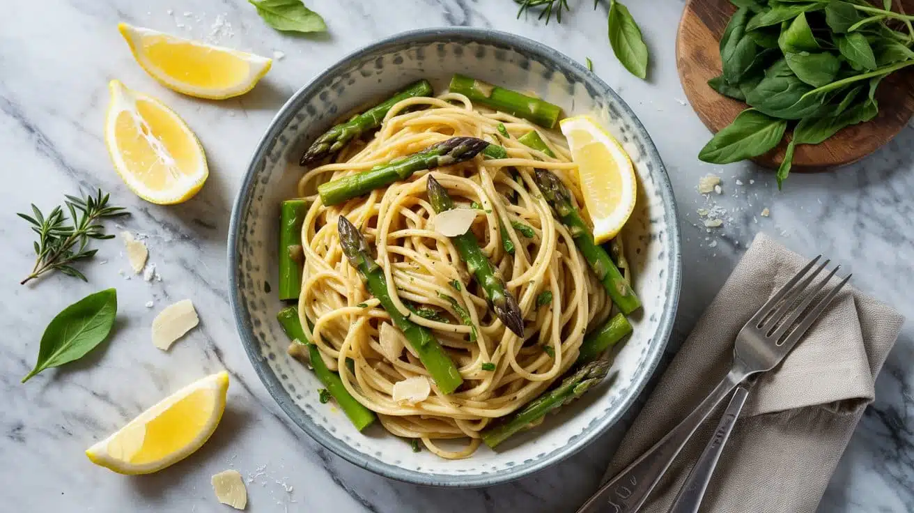 Garlic lemon asparagus pasta with spri