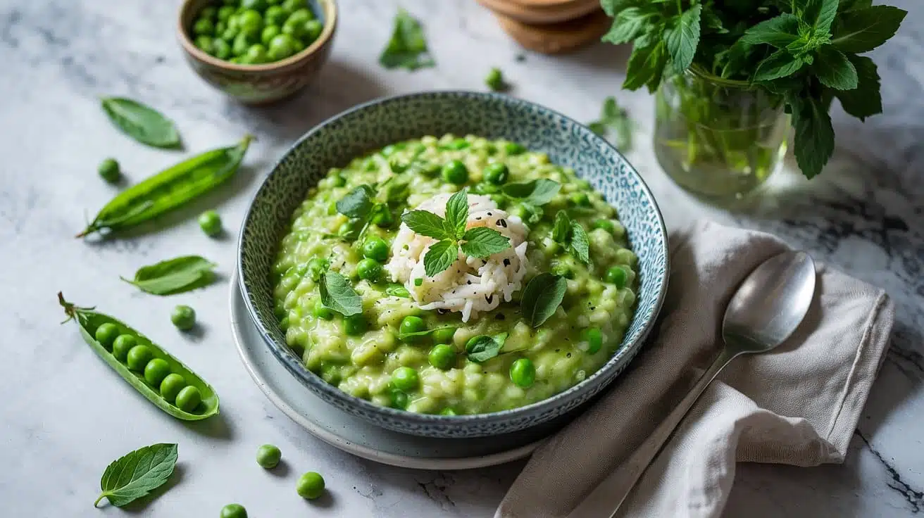 Sweet and colorful vegan pea risotto s ohxh a