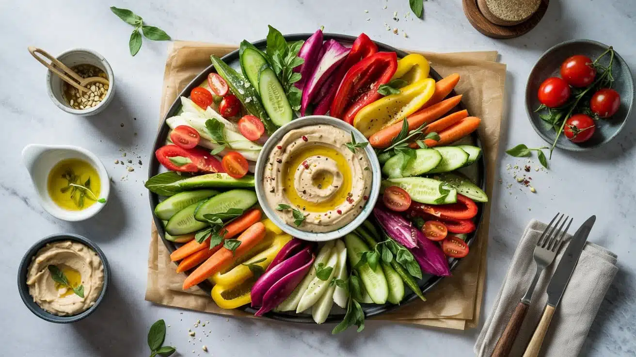 Vegan vegetable tray with hummus a top 4tmp