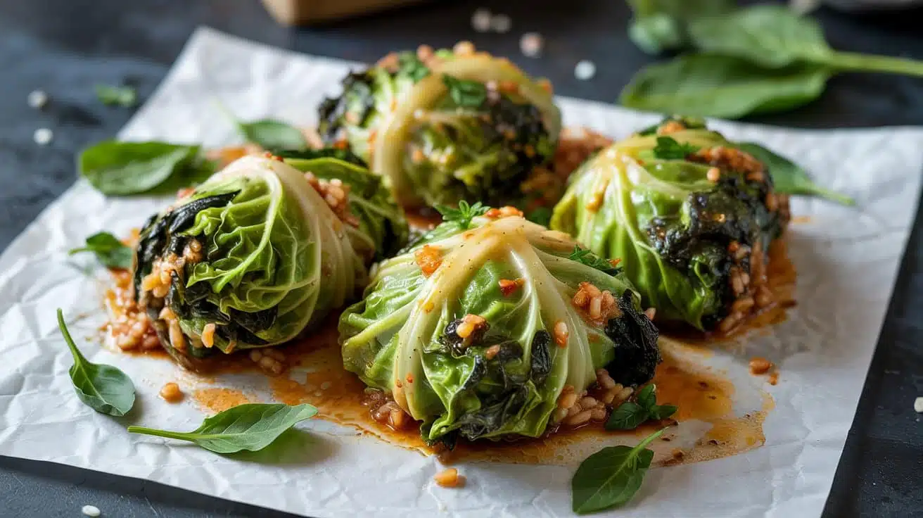 Cabbage rolls wrapped with vegan spina na
